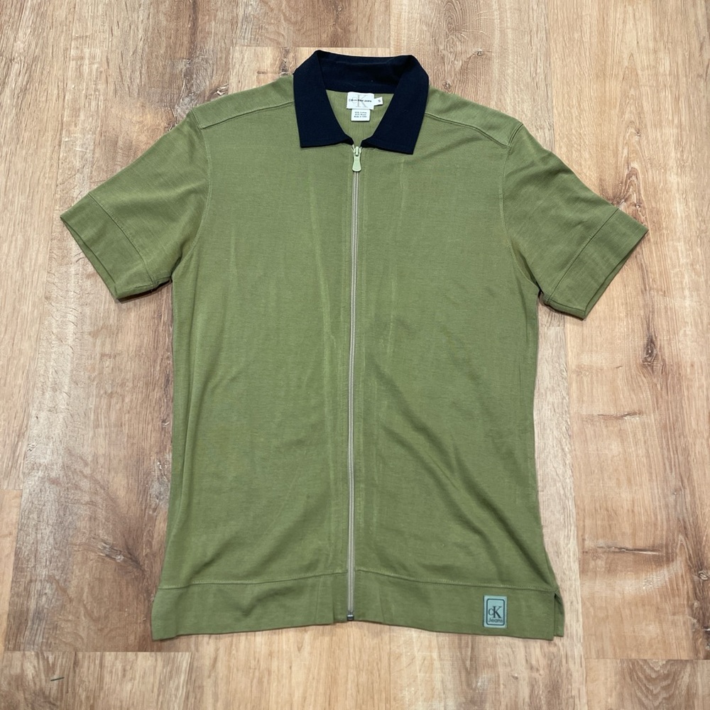 Green Calvin Klein Zip-Up Polo Shirt with Navy Collar
